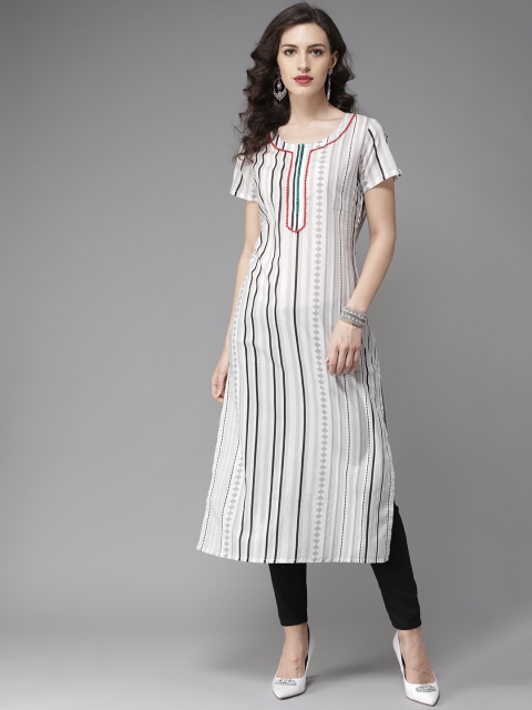 

Moda Rapido Women White & Grey Striped Straight Kurta