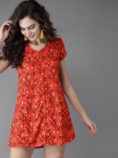 

Moda Rapido Women Coral Red Printed A-Line Dress