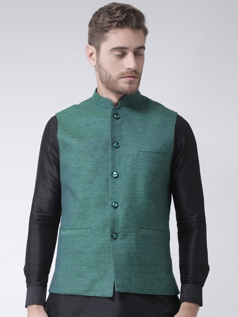 

DEYANN Men Green Solid Woven Nehru Jacket