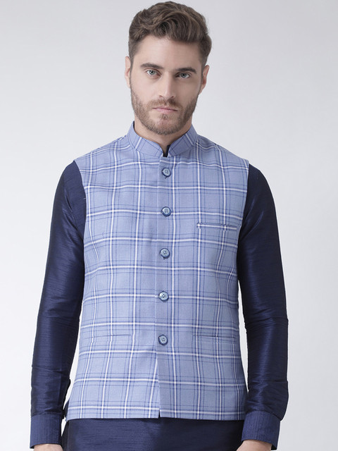 

DEYANN Men Blue Checked Woven Nehru Jacket