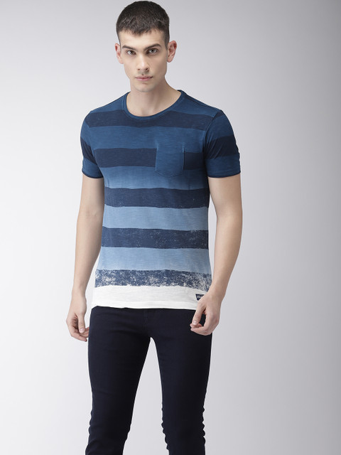 

Flying Machine Men Blue Striped Round Neck T-shirt