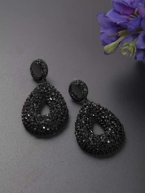 

SASSAFRAS Black Stone-Studded Teardrop Shaped Handcrafted Drop Earrings