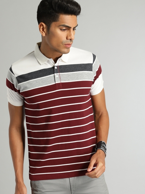 

The Roadster Lifestyle Co Men Maroon White Striped Polo Collar Pure Cotton T-shirt