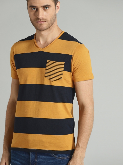 

The Roadster Lifestyle Co Men Mustard Yellow & Navy Striped V-Neck T-shirt