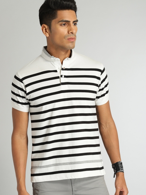 

The Roadster Lifestyle Co Men Off-White & Black Striped Mandarin Collar T-shirt