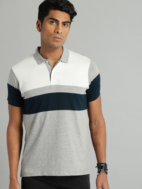 

Roadster Men Off-White & Grey Colourblocked Polo Collar T-shirt