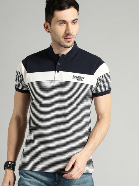 

Roadster Men White & Navy Blue Striped Mandarin Stand Collar T-shirt