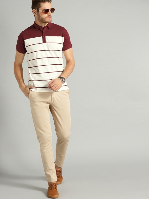 

Roadster Men Off-White & Maroon Striped Polo Collar T-shirt