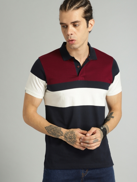 

Roadster Men Maroon & Navy Blue Colourblocked Polo Collar T-shirt