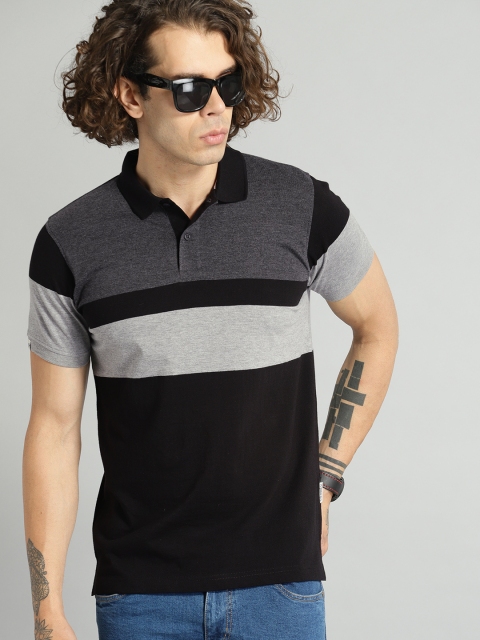 

Roadster Men Charcoal Grey & Black Colourblocked Polo Collar T-shirt