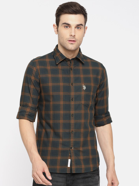 

U.S. Polo Assn. Men Green & Rust Orange Regular Fit Checked Casual Shirt