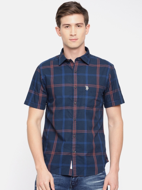 

U.S. Polo Assn. Men Navy Blue & Brown Regular Fit Checked Casual Shirt