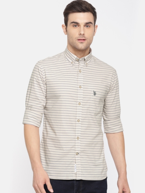 

U.S. Polo Assn. Men Beige & Blue Tailored Fit Striped Casual Shirt