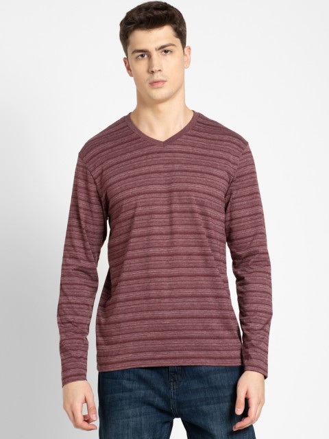 

Jockey Athleisure Men Burgundy Striped V-Neck T-shirt