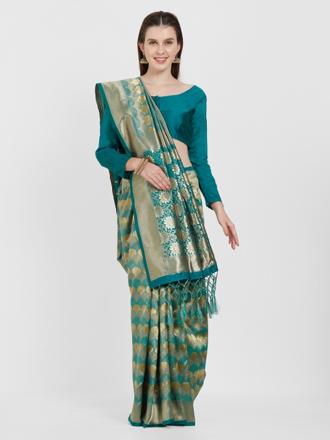 

Viva N Diva Women Green & Gold-Toned Silk Blend Woven Design Kanjeevaram Saree