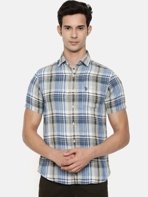 

U.S. Polo Assn. Men Blue & Beige Tailored Fit Checked Casual Shirt