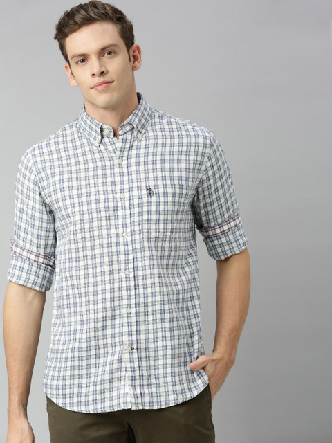

U.S. Polo Assn. Men White & Navy Blue Tailored Fit Checked Casual Shirt