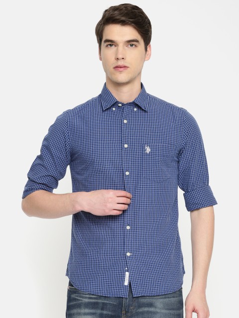 

U.S. Polo Assn. Men Navy & White Regular Fit Checked Casual Shirt, Navy blue