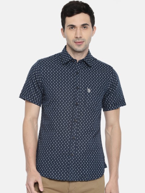 

U.S. Polo Assn. Men Navy & White Tailored Fit Printed Casual Shirt, Navy blue
