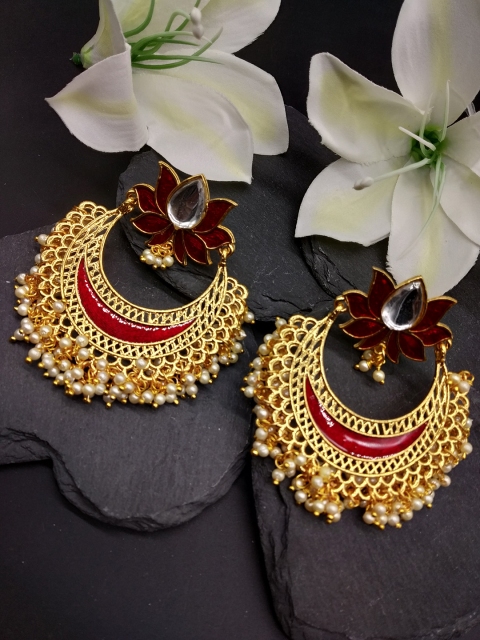 

Fida Gold-Toned & Red Padma Moti Crescent Shaped Chandbalis