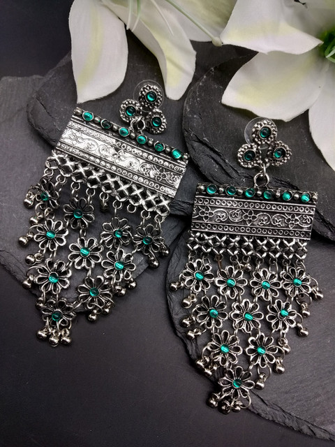 

Fida Silver-Toned & Green Geometric Oxidised Drop Earrings