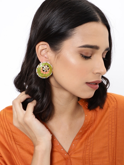 

Fida Green & Gold-Toned Enamelled Circular Studs