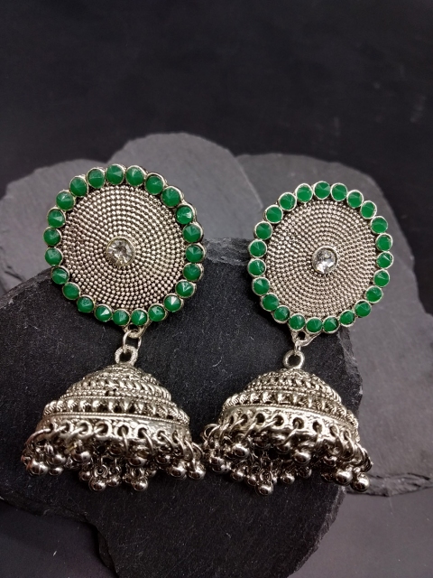 

Fida Silver-Toned & Green Dome Shaped Jhumkas