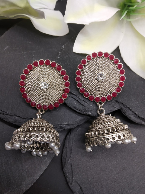 

Fida Silver-Toned & Pink Dome Shaped Oxidised Jhumkas