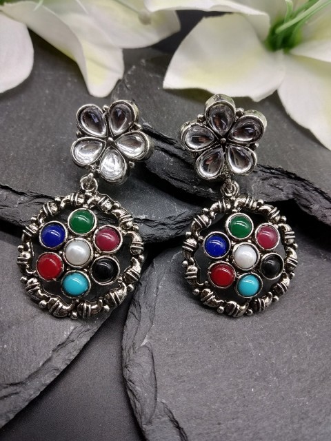 

Fida Multicoloured Oxidized Navratna Floral Drop Earrings, Multi