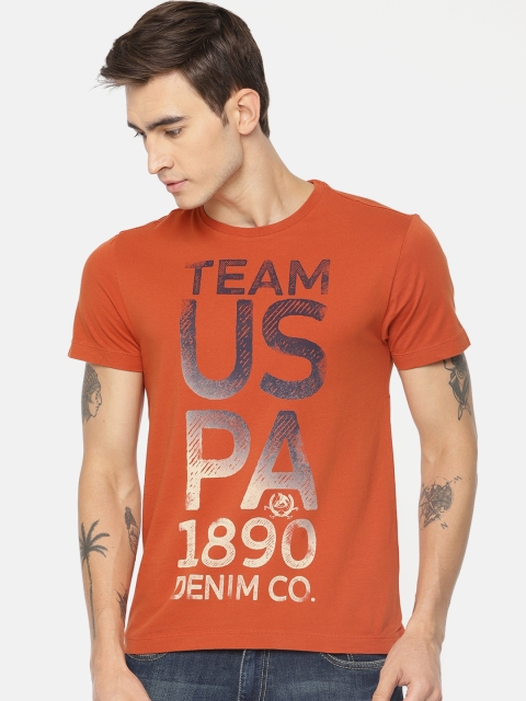 

U.S. Polo Assn. Denim Co. Men Rust Orange Solid Round Neck T-shirt