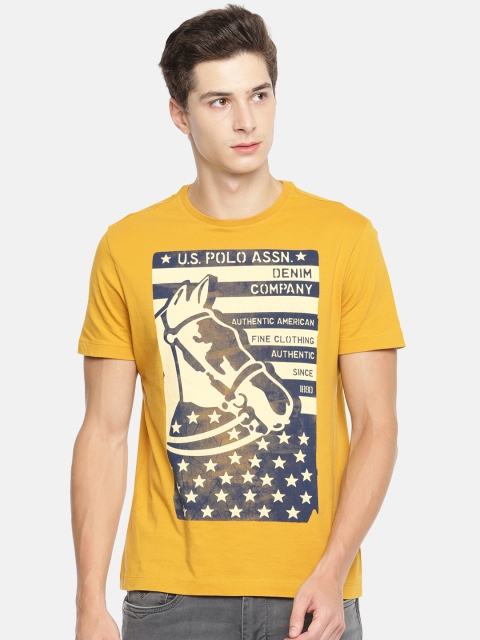 

U.S. Polo Assn. Denim Co. Men Mustard Yellow Printed Round Neck T-shirt
