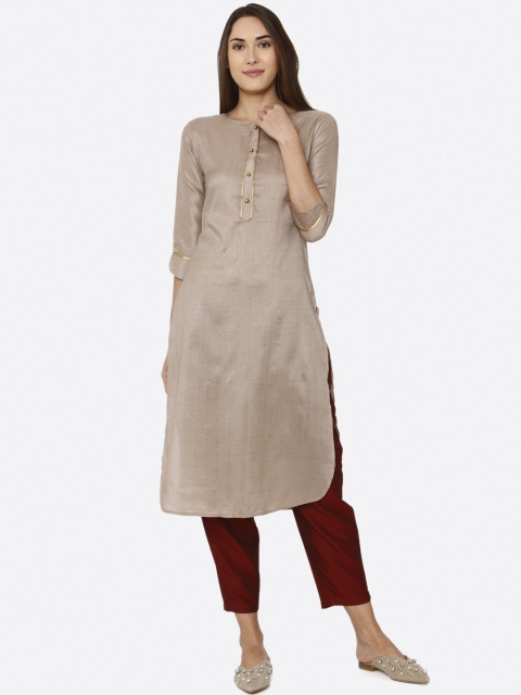 

shiloh Women Beige & Maroon Solid Kurta with Trousers