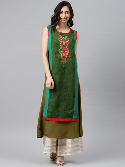 

Alena Women Olive Green Embroidered A-Line Layered Kurta