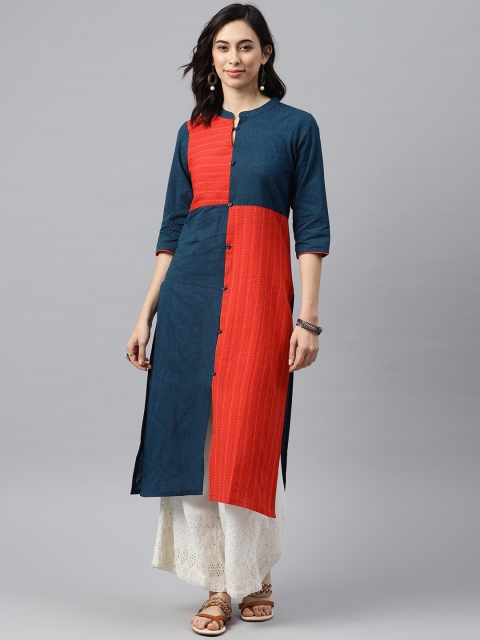 

Alena Women Navy Blue & Red Colourblocked Straight Kurta