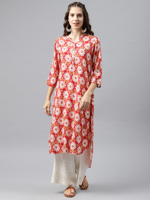 

Alena Women Red & Off-white Printed Straight Kurta