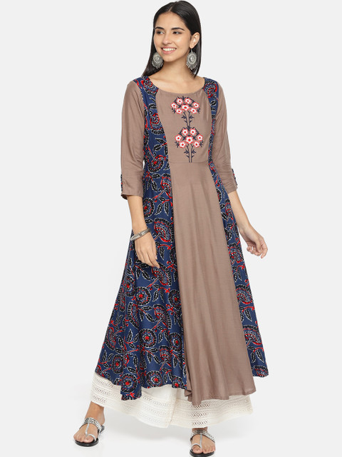 

Alena Women Brown & Navy Blue Printed A-Line Kurta, Grey