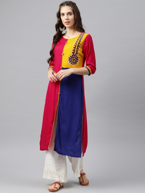 

Alena Women Pink & Blue Colourblocked Straight Kurta