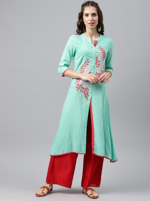 

Alena Women Sea Green Embroidered A-Line Kurta