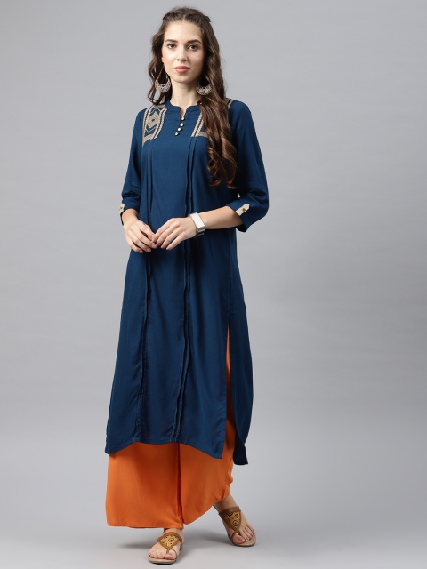 

Alena Women Navy Blue Yoke Design Straight Kurta