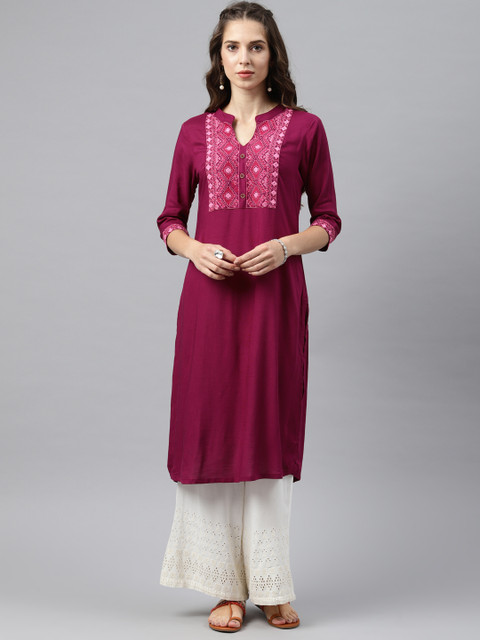 

Alena Women Burgundy Yoke design Straight Kurta