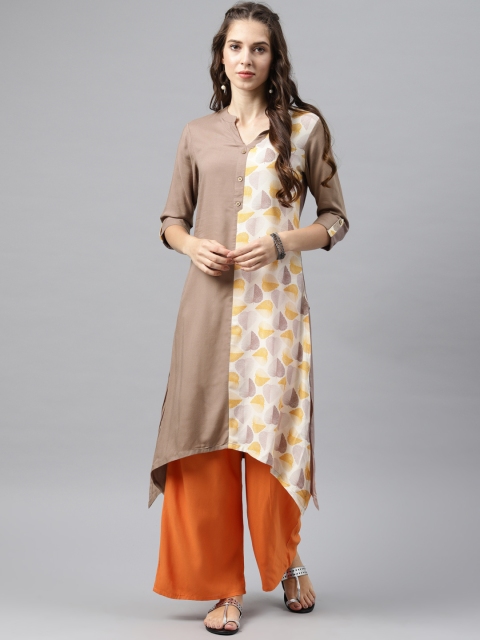 

Alena Women Grey Printed Asymmetrical Hem A-Line Kurta