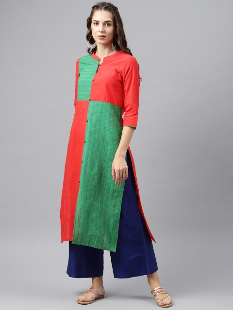 

Alena Women Orange & Green Woven Design Panelled Straight Kurta