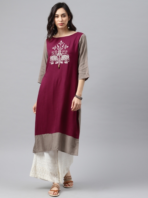 

Alena Women Burgundy & Grey Yoke Design Straight Kurta