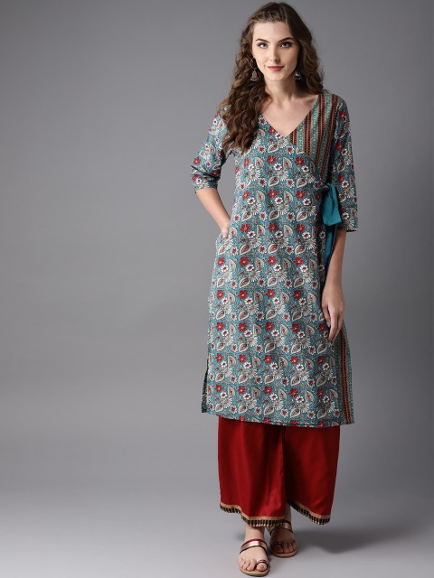 

Moda Rapido Women Teal Blue & Red Floral Print Angrakha Straight Kurta