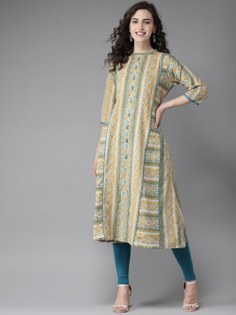 

Moda Rapido Women Mustard Yellow & Blue Printed A-Line Kurta