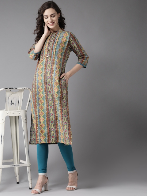 

Moda Rapido Women Green & Blue Printed Straight Kurta