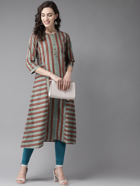 

Moda Rapido Women Teal Blue & Maroon Striped A-Line Kurta