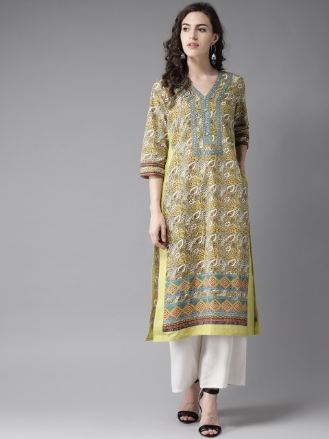 

Moda Rapido Women Green & Mustard Yellow Floral Printed Straight Kurta