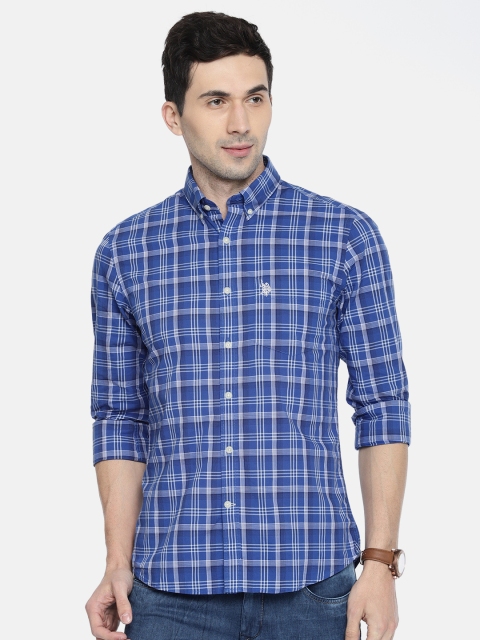 

U.S. Polo Assn. Men Blue & White Tailored Fit Checked Casual Shirt
