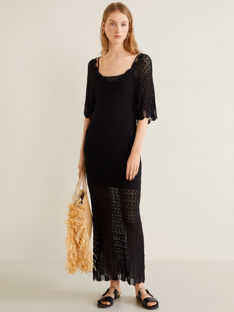 

MANGO Women Black Crotchet Lace Sheer Maxi Dress